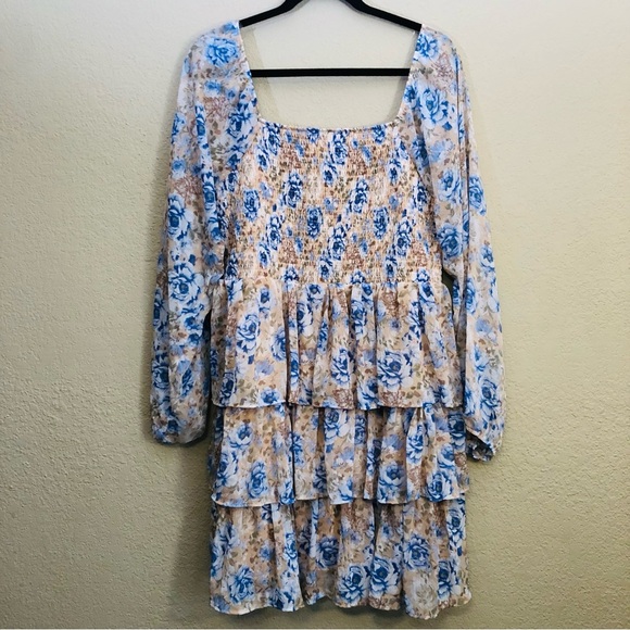 Madden NYC Juniors Size 1X Floral Sheer Balloon Sleeve Tiered Mini Dress Smocked - Picture 1 of 9